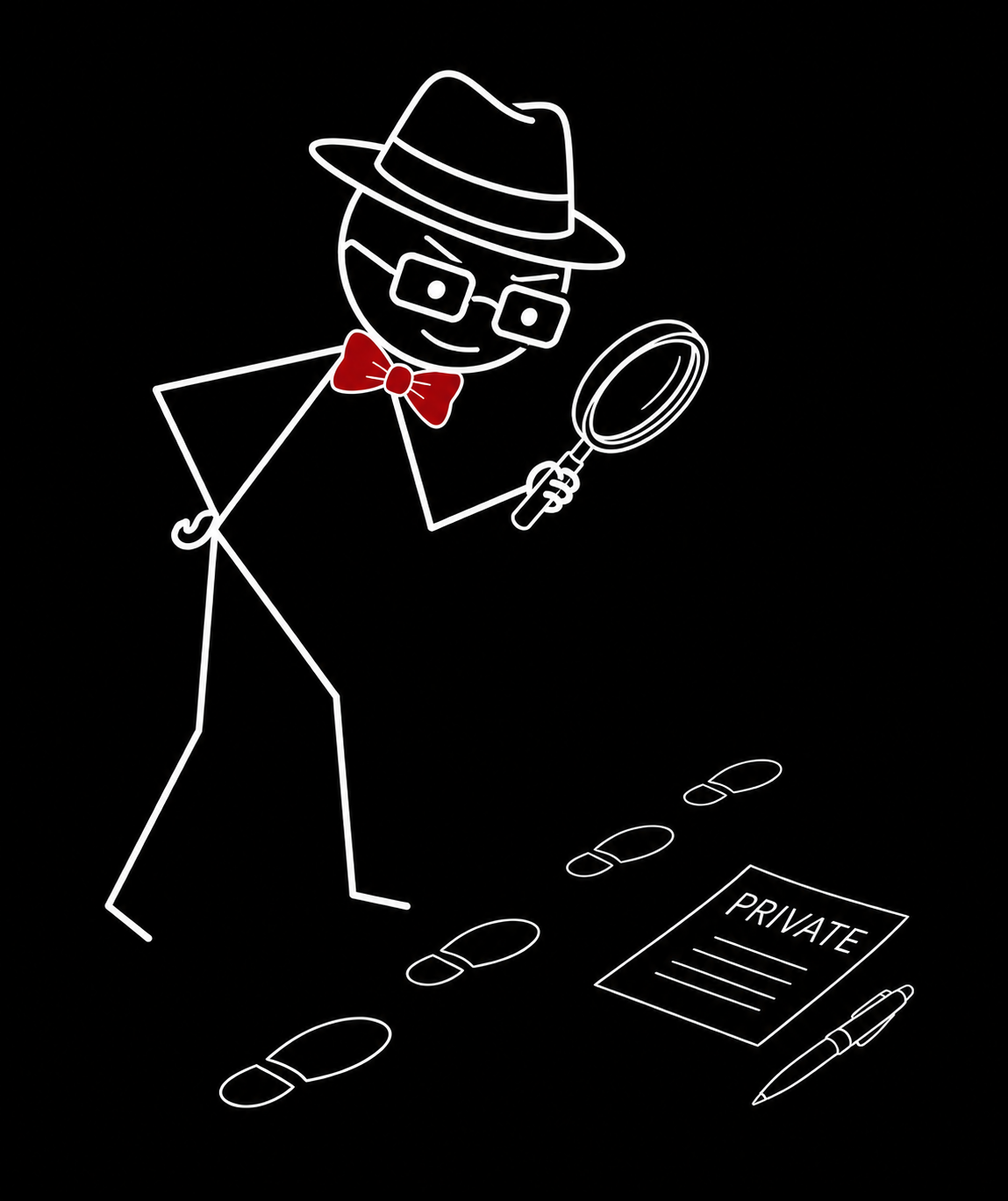 Detective Walter inspecting a private company with a magnifying glass