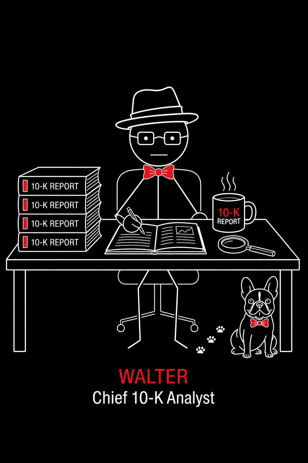 Walter, Chief 10-K Analyst, at his desk with a stack of 10-K reports, an open filing, a magnifying glass and his 10-K Report coffee mug — Watson the bulldog sitting beside the desk