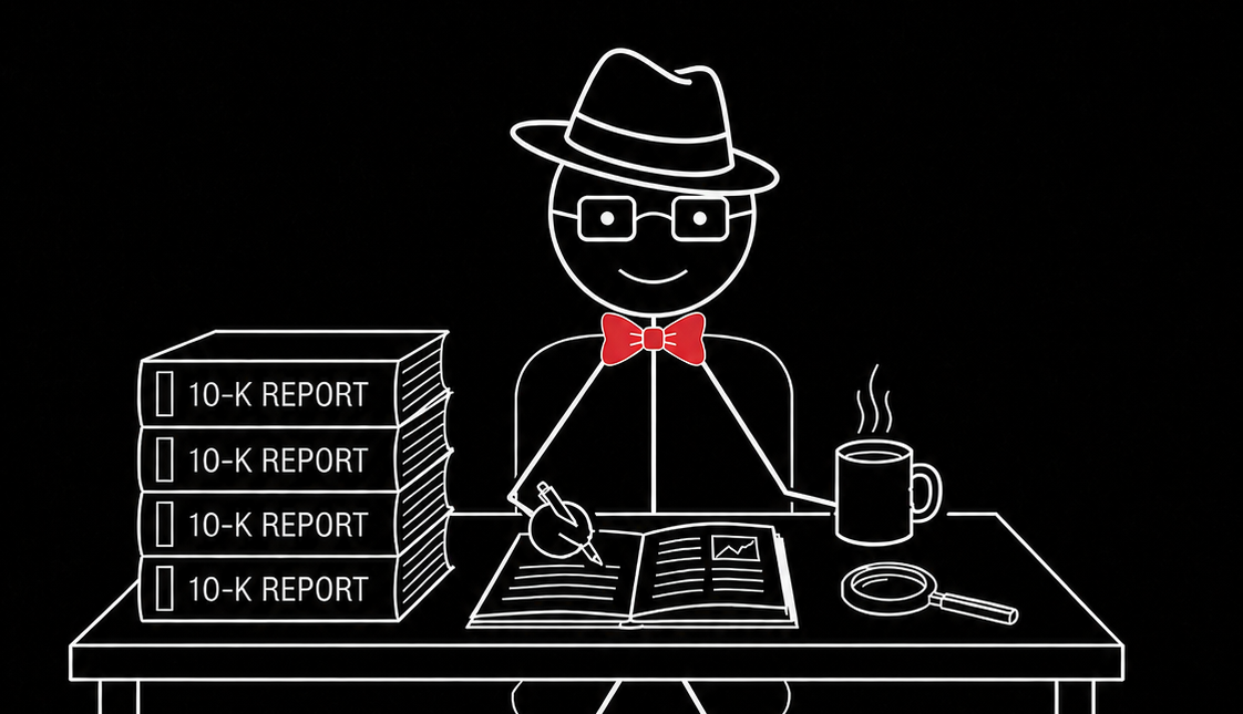 Walter10K at his desk, smiling — a stack of 10-K reports, an open filing, a magnifying glass and a cup of coffee