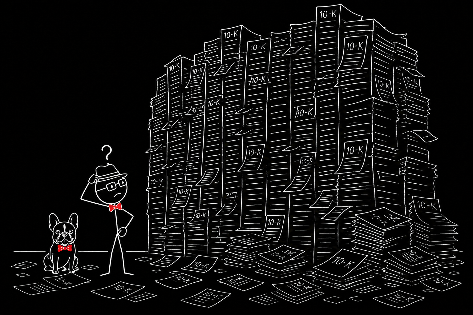 A confused Walter scratching his head in front of a towering wall of 10-K reports, trying to figure out where to begin