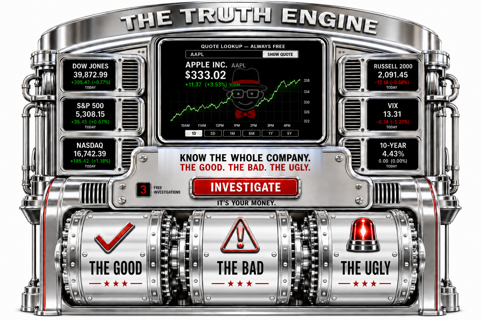 The Truth Engine — my SEC-filing investigation machine, with its three drums: the Good, the Bad, and the Ugly