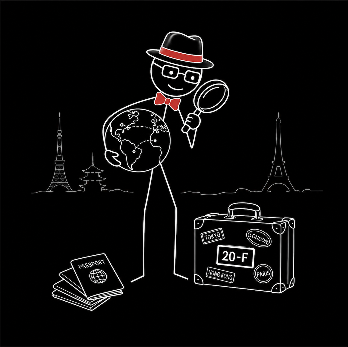 Walter the 10-K analyst with a globe, magnifying glass, passports and a 20-F suitcase