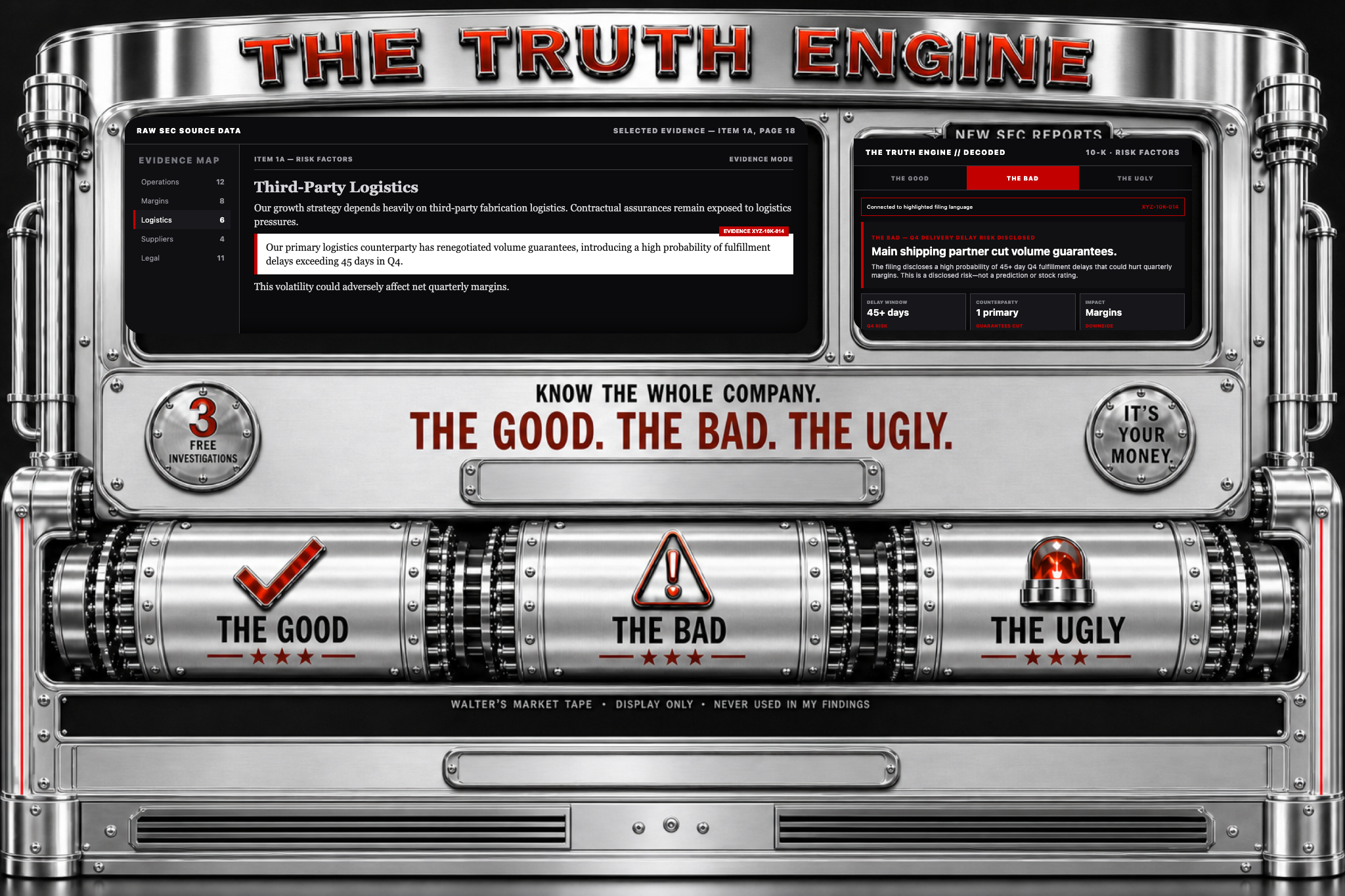 The approved chrome Truth Engine connecting a highlighted filing sentence to a plain-English investigation finding