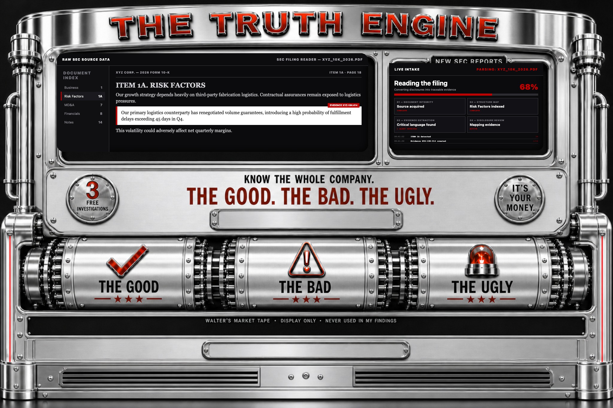 The approved chrome Truth Engine displaying a live SEC filing intake and parsing view